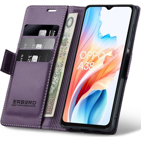 Funda para Oppo A38 / A18, tipo cartera con tapa abatible color lichi brillante, color morado. (1/5)