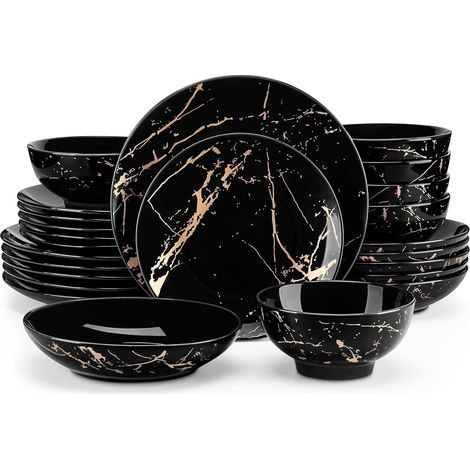 Assiettes Service de Table Vaisselle Porcelaine (Assiettes Plates, à Dessert, Bols à Céréales, à Pâtes) - Design Noir (1/5)