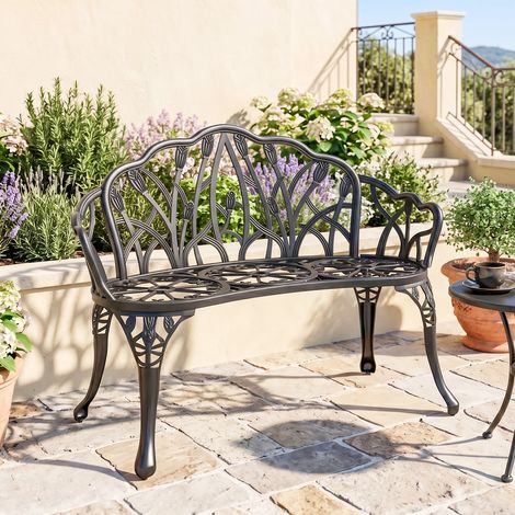 Banc de jardin 2 places, en aluminium moulé, résistant aux intempéries, avec dossier tulipe, motif floral, 99 x 57 x 78 cm (1/5)