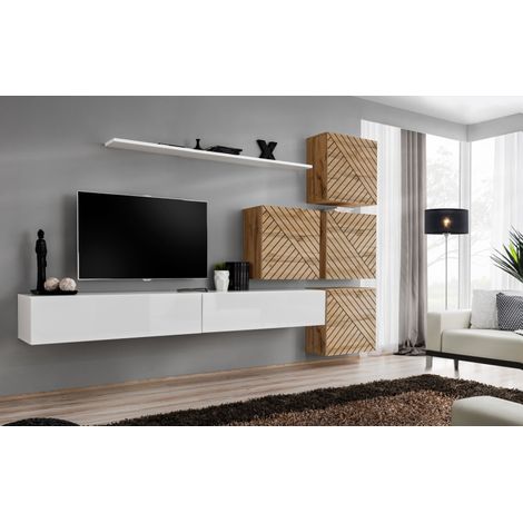 Ensemble de 7 meubles muraux "Switch IX " pour TV en bois - Blanc et Beige - L 310 x H 200 x P 40 cm - Livraison gratuite