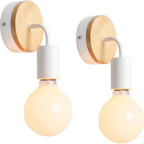 Lot de 2 Appliques Murale Interieur Lampes Murale en Métal et Bois E27 Éclairage Mural pour Chambre, Salle de Bains (Blanc) (1/5)