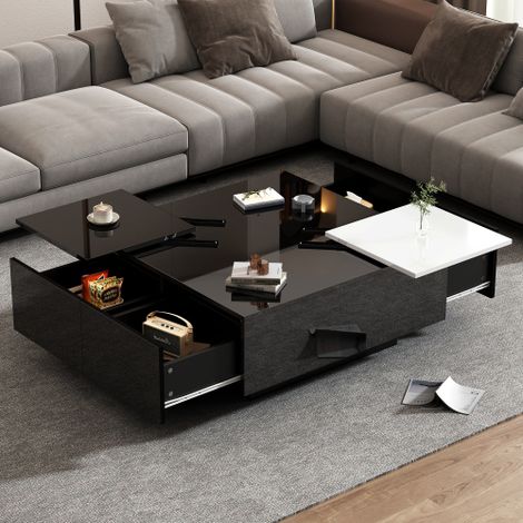 Mesa de centro cuadrada negra brillante con espacio de almacenamiento y pequeña bandeja deslizante (1/5)
