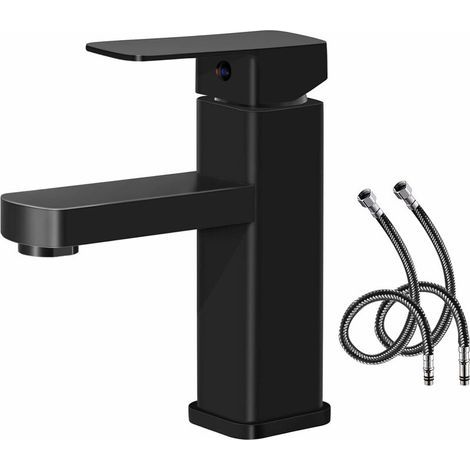Robinet simple de lavabo noir en cuivre – Eau chaude/froide – Aérateur amovible pour débit régulier – Installation facile 3/4 (1/5)