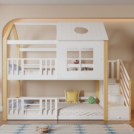 Lit superposé cabane 90x200 - lit enfant Échelle rangement, barrière, toit fenêtre - En Pin et MDF blanc et naturel (sans Matelas) (1/5)