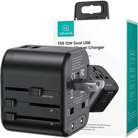 USAMS Adapter siec. 2xUSB T55 12W4w1 US/AU/EU/UK czarny/black CC173TC01 (US-CC173) Universal Travel Charger (1/5)
