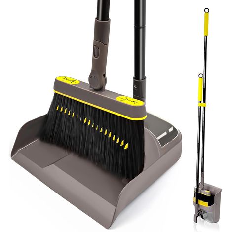 Plastique Pelle et Balayette Long Manche 138CM pour Sol dur, Rotatif à 180 Degrés de Balai Ensemble pour Le Balayage Extérieur, Jardin, Hall, Intérieur, Brun - Jaune (1/5)