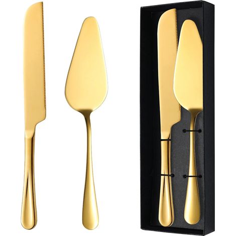Set di posate da torta placcate in oro, composto da coltello da cucina e spatola da 27 cm, ideale per matrimoni e compleanni. (1/5)