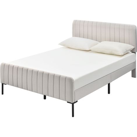 Lit double rembourré 160 x 200 cm en lin beige – Tête de lit réglable – Espace de rangement sous le lit – Structure en bois massif et métal – Hommoo (1/5)