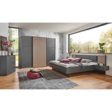 Pegane – Ensemble de chambre complète graphite imitation chêne – Armoire 250x216x65cm – Commode 81x84x41cm – Lit 160x200cm