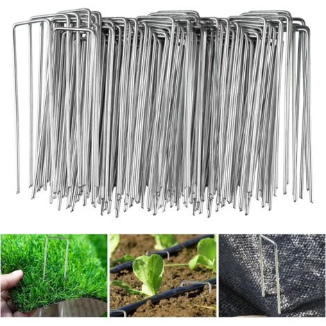 QORVA-Lot de 100 piquets de jardin en acier galvanisé, 150 x 30 mm, diamètre 3 mm, en forme de U, pour paillis, clôtures et filets