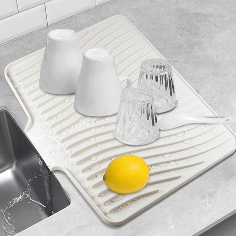 40331.5cm Dish Draining Mat, Silicone Foldable Kitchen Dish Drainer, Absorbent Kitchen Draining Mat, Heat Resistant, Non-Slip, Cream White (1/5)