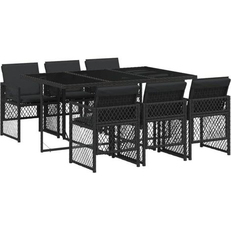 Garten Essgruppe 7 TLG Tisch 6 Stühle Polyrattan Kissen Glas Schwarz (1/5)