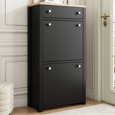 Schuhschrank mit 1 Schublade, 2 Klappen, MDF schwarz in Holzoptik, 50 x 24 x 95 cm (1/5)