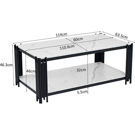 Rechteckiger Couchtisch mit Metallbeinen, Tischplatte in Marmorierung, moderne Wohnzimmermöbel, weiß-schwarz – H46/B1140/T64 cm (1/5)