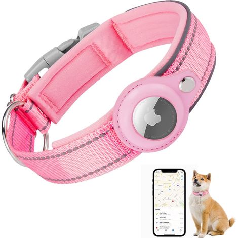 MINKUROW Collar De Perro Acolchado Para Airtag, Apple Airtag Reflective Dog Collar, Air Tag Incorporado Para Perros Pequeños, Medianos, Grandes, [Rosa - Talla S] (1/5)