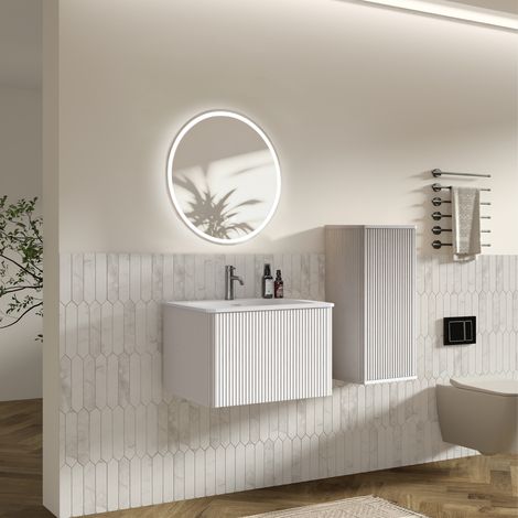 Ensemble meuble salle de bain vasque miroir LED, meuble bas suspendu 60 cm, miroir rond, colonne latérale, coloris blanc (1/5)