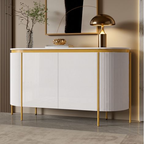 Sideboard 140x38x80 cm ovale, 4 ante senza maniglie, ripiano interno, MDF bianco (1/5)