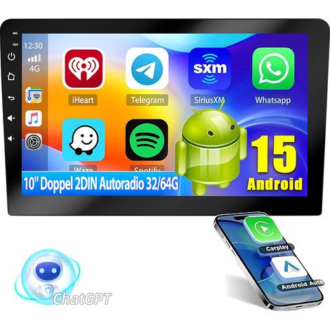Autoradio Android 15 10 pouces, Carplay, Bluetooth, FM, GPS, ChatGPT-AI - 4+64G (1/5)