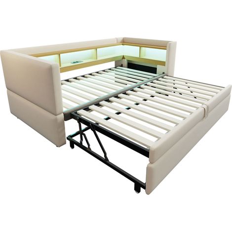 Sofá cama convertible 90/180 x 190 cm beige con LED, enchufes y almacenamiento, MODENUIT (1/5)
