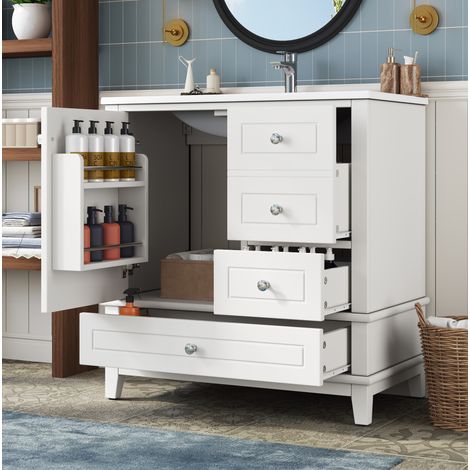Meuble de salle de bain avec lavabo 81 x 47 x 86 cm, 3 tiroirs, 1 porte, blanc brillant HAVRYA (1/5)