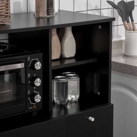 Buffet de cuisine noir en bois avec tiroir, étagères et armoires pour micro-ondes, 90x40x120 cm (1/5)