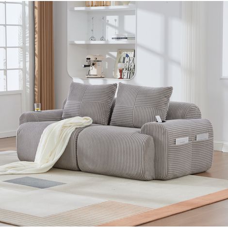 Canapé 2 places modulaire en velours côtelé gris clair 200x99x80 cm, porte-gobelet et poche latérale (1/5)