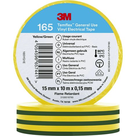 Ruban isolant 3M Temflex 165 en Vinyle Vert, Jaune 10m x 15mm x 0.152mm ( Prix pour 1 )