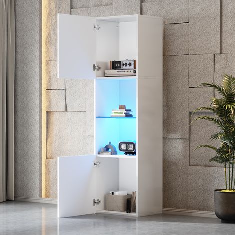 Vitrine blanche laquée brillante avec éclairage LED, 1 étagère en verre, 4535160 cm, vitrines, vitrines sur pied, armoires hautes, armoires de rangement (1/5)