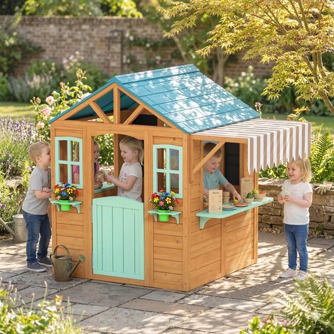 Casetta da gioco per bambini da esterno con bancone, fioriera, lavagna, telo bersaglio, 4 palline, 142 x 120 x 141,5 cm, multicolore