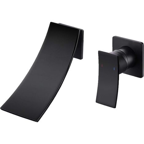 Robinet de salle de bain cascade : robinet de lavabo encastré pour montage mural - Robinet mural 2 trous avec poignée simple et grand bec mitigeur pour salle de bain, noir (1/5)