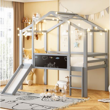 MEUBLIV Litera alta 90x200 cm gris – con tobogán, pizarra, sin colchón (1/5)