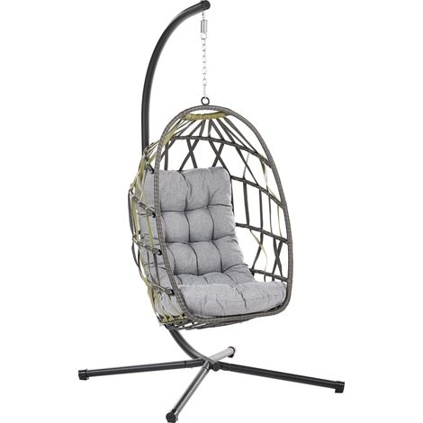 Sillón colgante columpio estilo boho de ratán sintético soporte de metal cadena con cojín mullido gris Godrano (1/5)