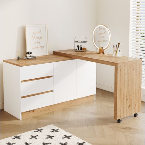 MODFU – Bureau pliable 120x50x78 cm blanc et chêne – Plateau pivotant – 2 portes, 3 tiroirs et roulettes – Blanc/chêne (1/5)