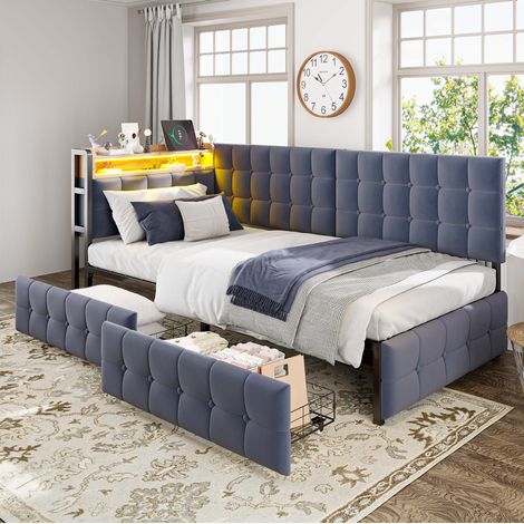 Lit banquette rembourré moderne 90x200 cm en tissu gris, avec tête de lit LED, USB et Type-C, 2 tiroirs, sommier à lattes (1/5)