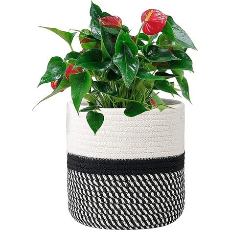 Gewebter Aufbewahrungskorb aus Baumwollseil – 25 cm, weiß und schwarz, ideal für Pflanzen, Wäsche oder Spielzeug, rundes und multifunktionales Design