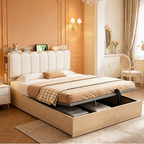 Letto contenitore idraulico 140 x 200 cm con testiera imbottita e vani, legno HAVRYA (1/5)