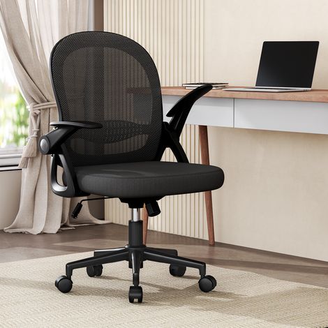 Xhomrattan - Chaise de bureau ergonomique - Dossier en forme de S avec soutien lombaire - Accoudoirs rabattables - Tissu en maille respirante - Noir