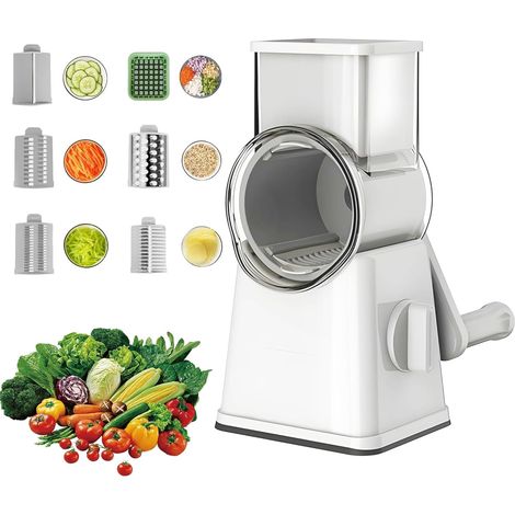 Râpe À Fromage Rotative - 6 Fonctions Avec Lame À Dés - 11 Lames En Acier Inoxydable - Pour Râper Trancher Et Couper En Dés - Blanc - 1 Pièce (1/5)