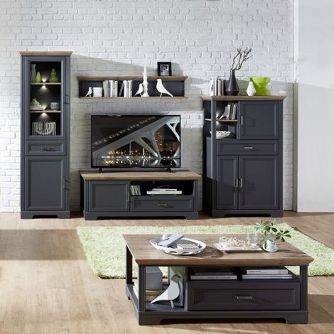 Landhaus Wohnwand inkl. Couchtisch JÜLICH-36 Artisan Eiche Nb. und Graphit-Grau, Vitrine inkl. LED, B/H/T: 332/204/51 cm (1/5)