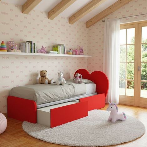 Letto singolo a cuore 80x190 con cassetti - Rosso