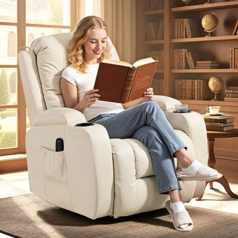 Fauteuil inclinable massant et chauffant, 8 points de massage et 3 modes avec télécommande, cuir PU, Crème (1/5)