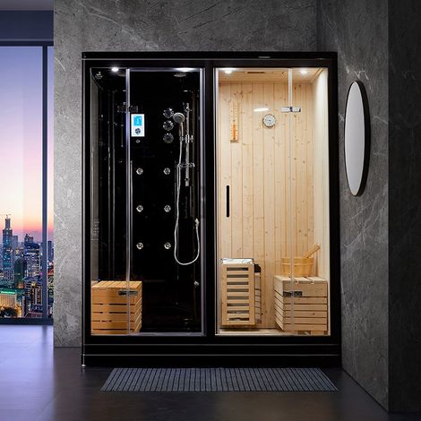 Sauna traditionnel 1 à 2 personnes – Douche, hammam vapeur, poêle électrique 3000 W – Compact 180x100x220 cm – Finition noire – Boreal