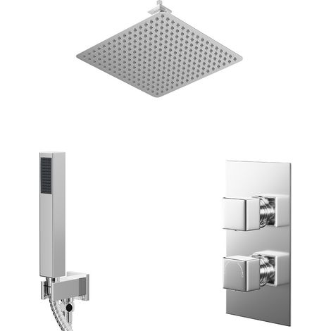 Cubix Polished Chrome Concealed Twin Thermostatic Shower Valve with Diverter and 400mm Square Head with 150mm Ceiling Arm and Outlet Holder with Kit - 2 Outlet