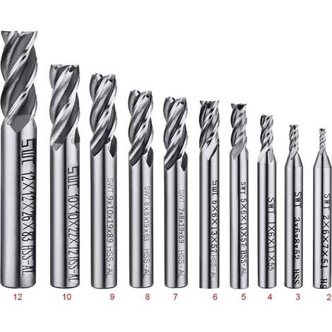 ZVD-Lot de 10 forets à 4 cannelures - de 2 à 12 mm Fraise en Bout- Ensemble de forets à tige droite HSS CNC pour perceuse - Ensemble d'outils pour bois, aluminium, acier et titane