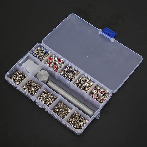 250 clous strass/diamants punk de 8 mm, 5 couleurs, pour décorer cuir, ceintures et sacs à main. Rivets double face inclus. Outils inclus. (1/3)