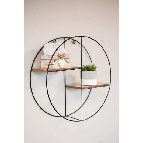 Modern Wooden Round Shaped 2 Tier Floating Shelves - Wall Mounted Black Metal Wall Shelf, Industrial Display Rack Hanging Shelf for Office, Kitchen, Bathroom, Bedroom, Living Room Decor (1/5)