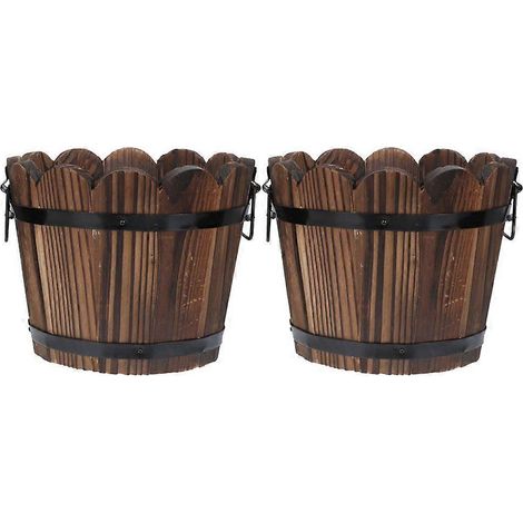 Lot de 2 pots de fleurs en bois, style tonneau, réutilisables, avec drainage. (1/5)