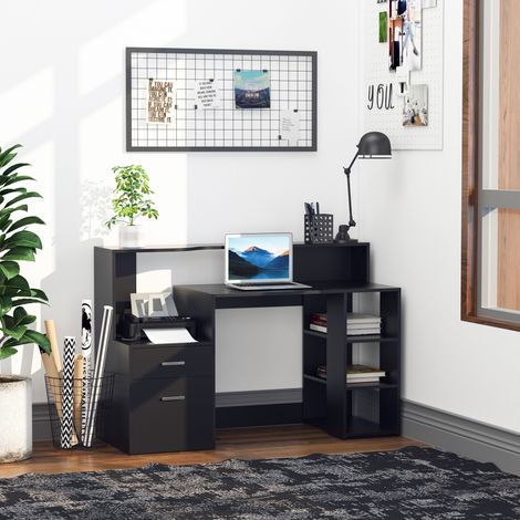 HOMCOM Bureau informatique avec 2 tiroirs, bureau avec rangement, 137 x 55 x 92 cm, étagères ouvertes et tablette d'imprimante, style moderne, table d'ordinateur pour chambre, studio, noir