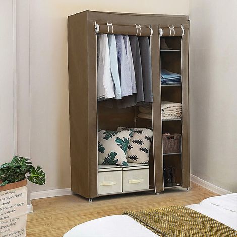 Garde-Robe - Tissu Non Tissé - Structure Métal - 5 Étagères + 1 Tringle - 110 x 45 x 178 cm - Marron (1/4)