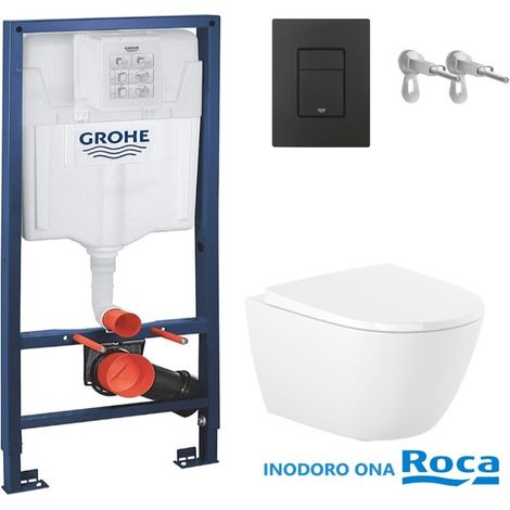 Bâti-support GROHE Rapid SL pack réservoir encastrable et plaque Noir Mat avec WC suspendu ROCA Ona Blanc 48 cm (1/4)
